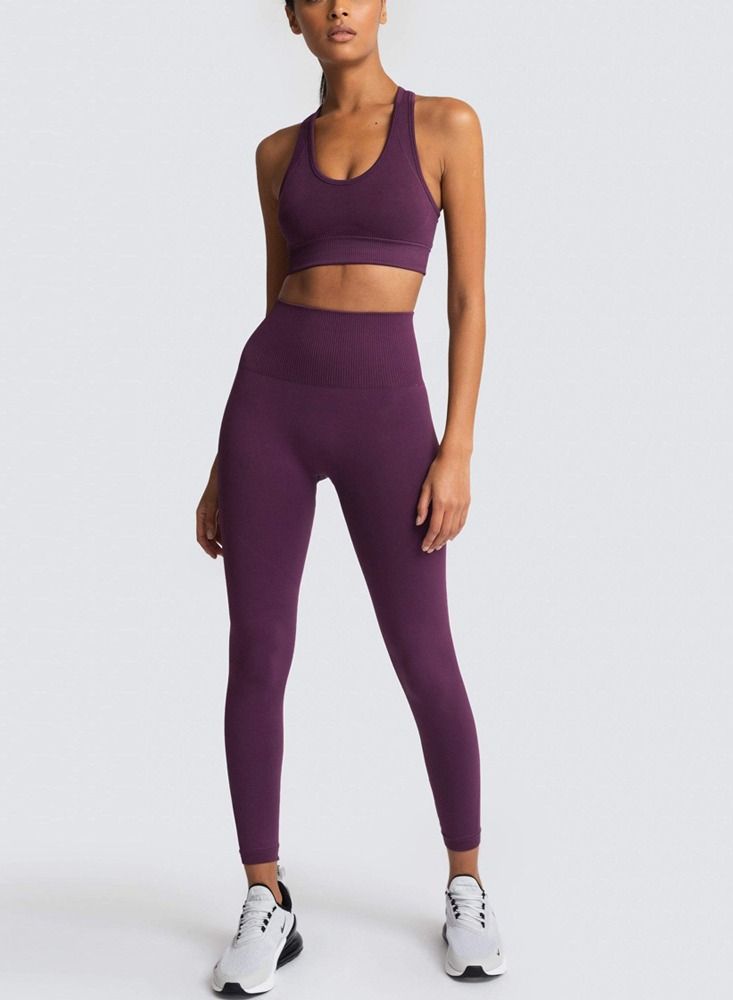 Loquat Fitness Back Bra Solid Color Sports Set Purplish Red - Image 1