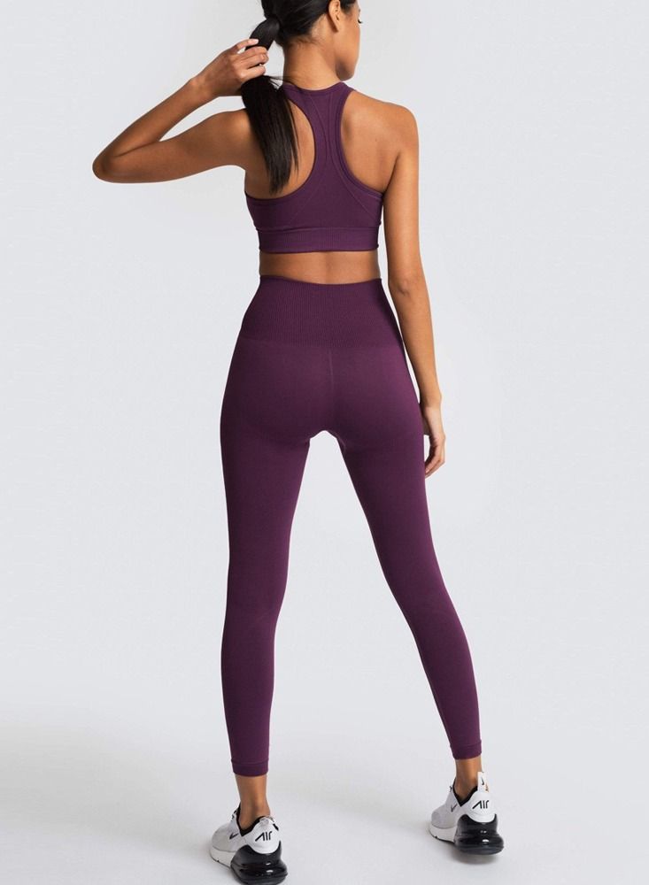 Loquat Fitness Back Bra Solid Color Sports Set Purplish Red - Image 3