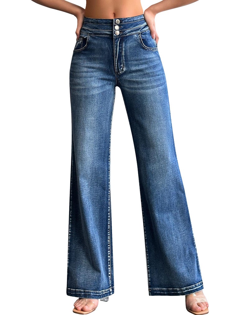 roswear Womenâ€™s Wide Leg Jeans Casual High Waisted Stretch Baggy Loose Denim Pants 104 Blue Large - Image 1