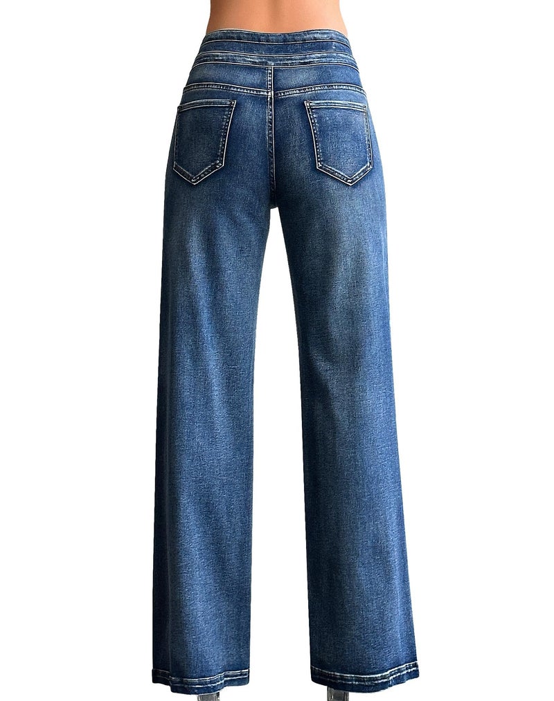 roswear Womenâ€™s Wide Leg Jeans Casual High Waisted Stretch Baggy Loose Denim Pants 104 Blue Large - Image 3