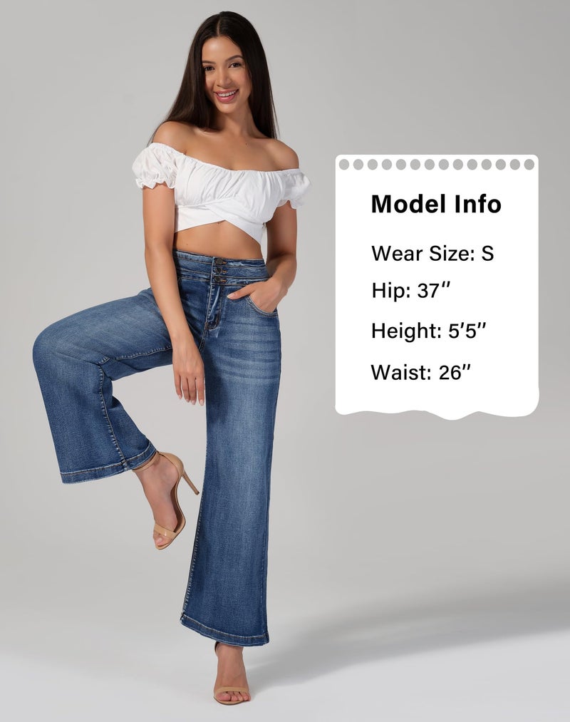 roswear Womenâ€™s Wide Leg Jeans Casual High Waisted Stretch Baggy Loose Denim Pants 104 Blue Large - Image 4