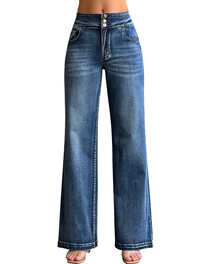 roswear Womenâ€™s Wide Leg Jeans Casual High Waisted Stretch Baggy Loose Denim Pants 104 Blue Large - Image 2