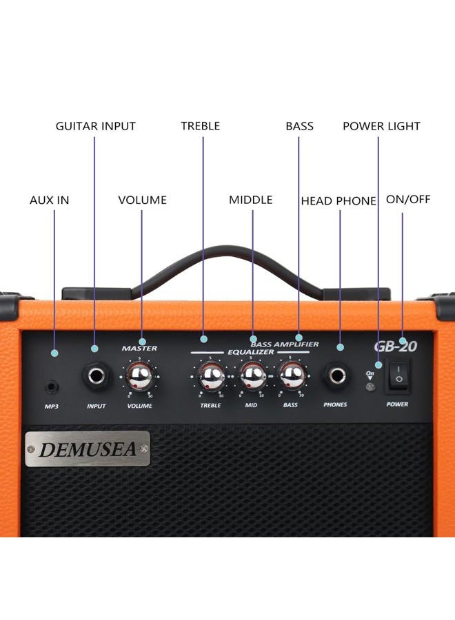 Demusea 20W Watt Electric Orange Color Bass Guitar Amplifier Portable Travel Mini Practic Amp Headphone Jack Aux Treble Middle Bass MP3 with Cable Adapter Guitar Picks in - Image 2
