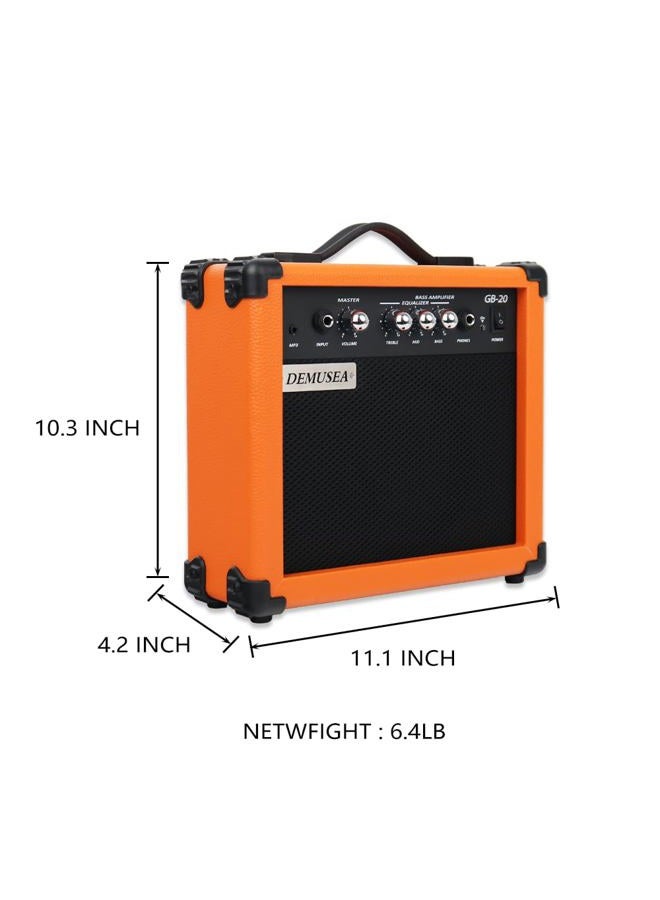 Demusea 20W Watt Electric Orange Color Bass Guitar Amplifier Portable Travel Mini Practic Amp Headphone Jack Aux Treble Middle Bass MP3 with Cable Adapter Guitar Picks in - Image 3