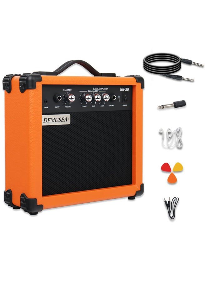 Demusea 20W Watt Electric Orange Color Bass Guitar Amplifier Portable Travel Mini Practic Amp Headphone Jack Aux Treble Middle Bass MP3 with Cable Adapter Guitar Picks in - Image 1