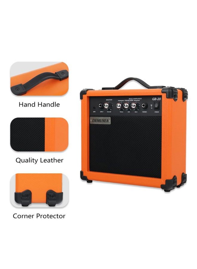 Demusea 20W Watt Electric Orange Color Bass Guitar Amplifier Portable Travel Mini Practic Amp Headphone Jack Aux Treble Middle Bass MP3 with Cable Adapter Guitar Picks in - Image 4
