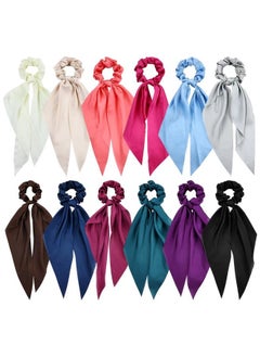 Cinaci Cinaci 12 Pieces Solid Silky Satin Chiffon Hair Ties with Long Ribbon Bow Tail Hair Scrunchies Ponytail Holders Rubber Bands Accessories for Women Girls Teens  - Image 1