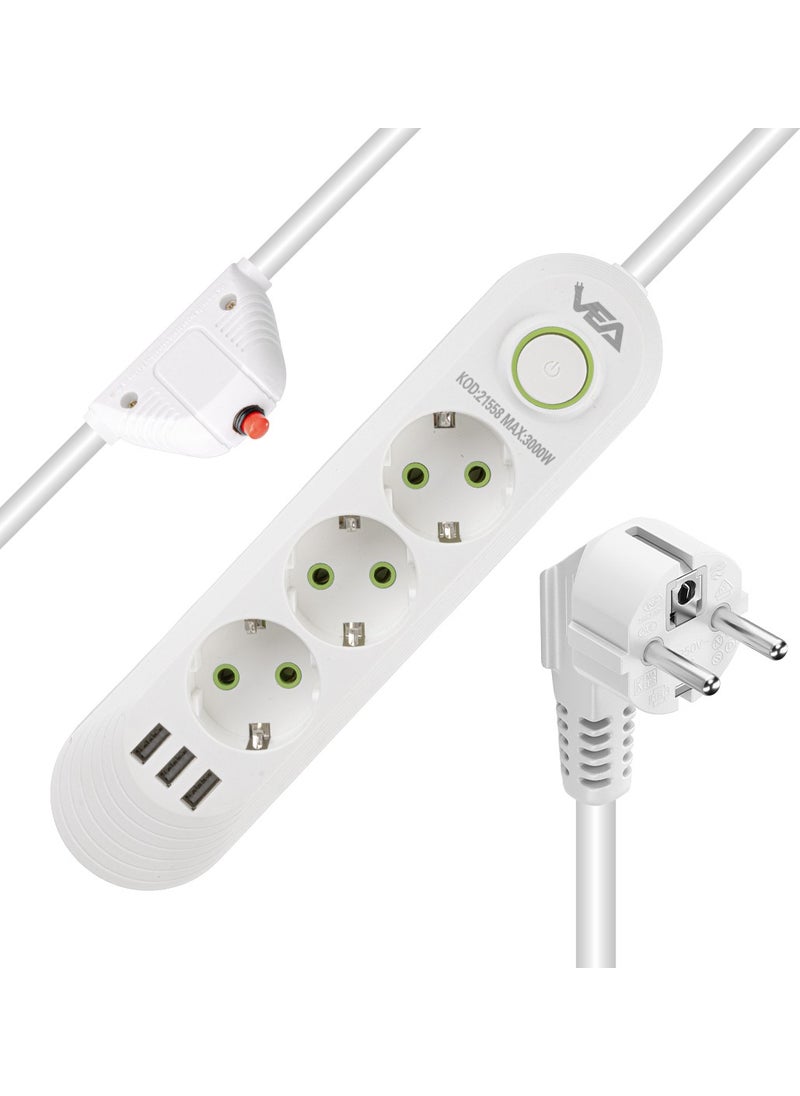 XML Dünyası XML World VA-21558 3-way 1.5 Meter Cable Shopzumlu 3 Usb White Shopzum Current Protection Socket  - Image 1