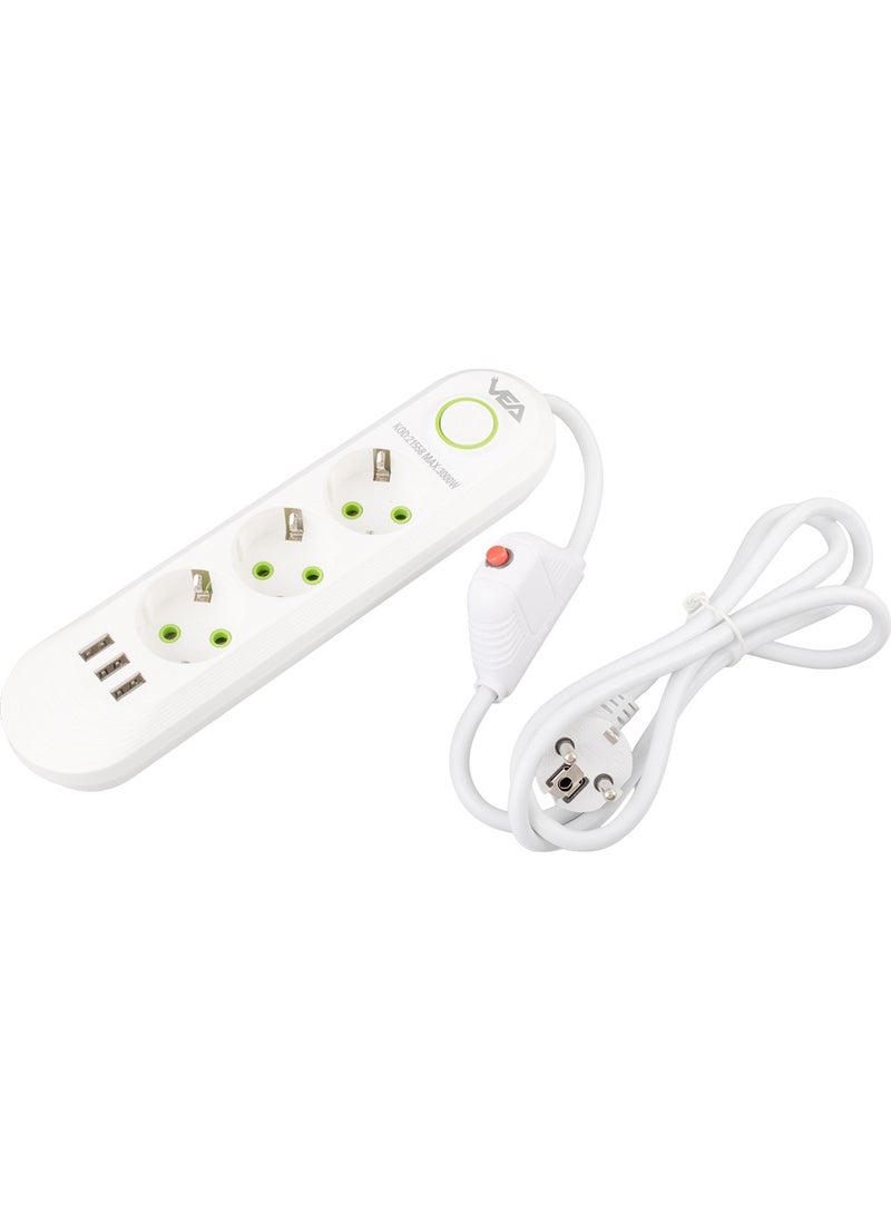 XML Dünyası XML World VA-21558 3-way 1.5 Meter Cable Shopzumlu 3 Usb White Shopzum Current Protection Socket  - Image 2