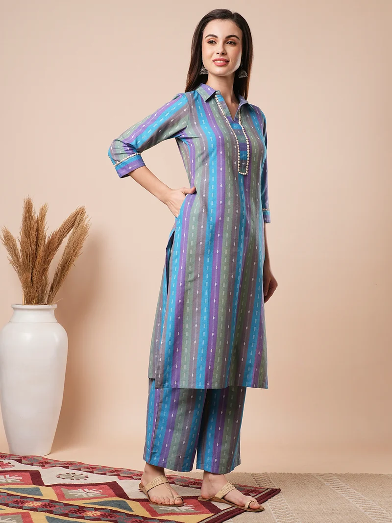 globus Women Geometric Woven Design Shirt Collar Regular Pure Cotton Kurta With Trouser