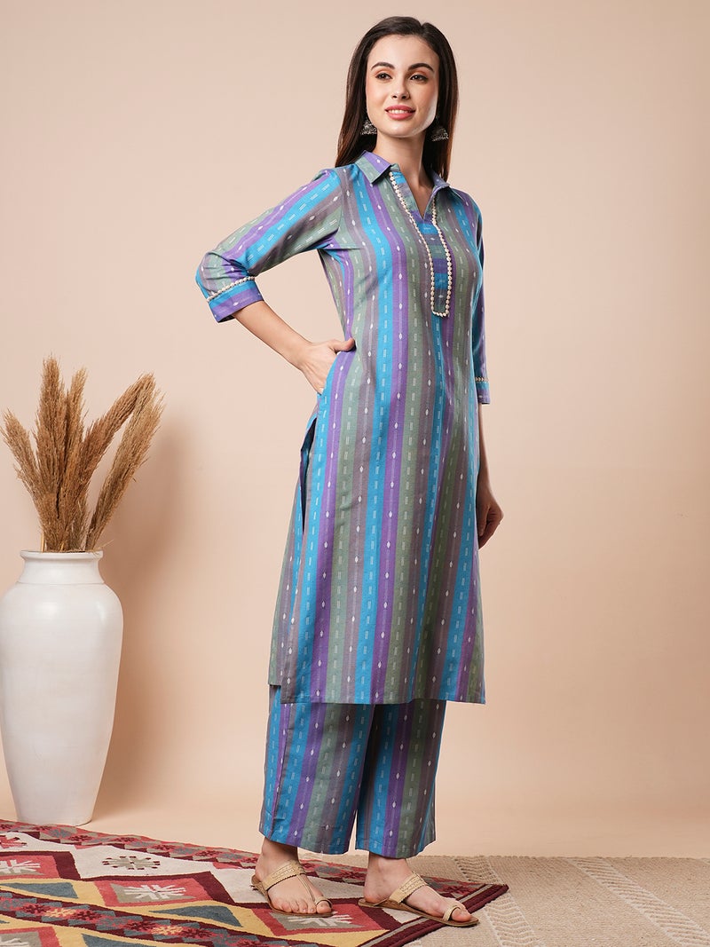 globus Globus Women Geometric Woven Design Shirt Collar Regular Pure Cotton Kurta With Trouser - Image 2