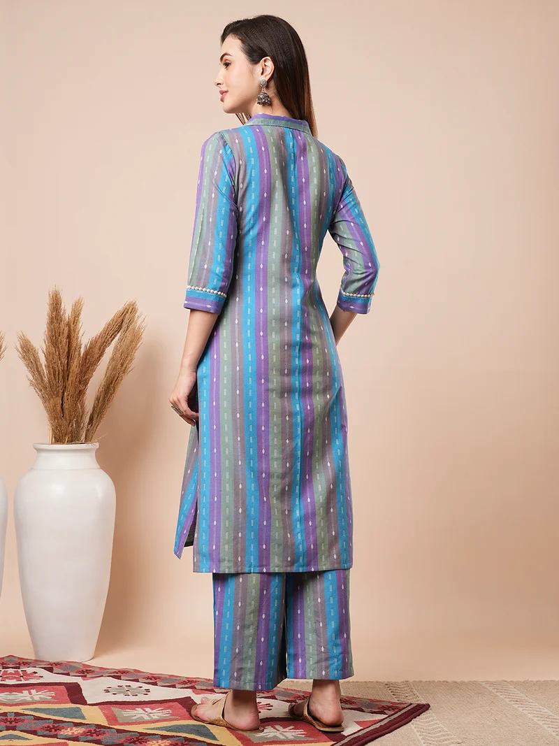 globus Women Geometric Woven Design Shirt Collar Regular Pure Cotton Kurta With Trouser