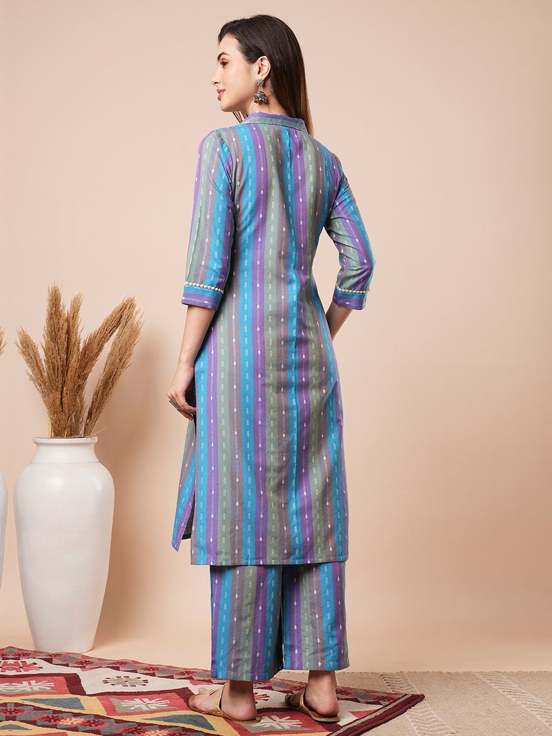 globus Globus Women Geometric Woven Design Shirt Collar Regular Pure Cotton Kurta With Trouser - Image 3