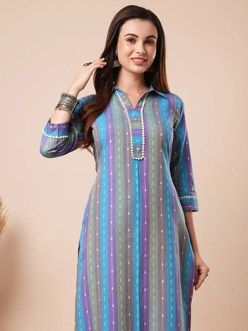 globus Women Geometric Woven Design Shirt Collar Regular Pure Cotton Kurta With Trouser