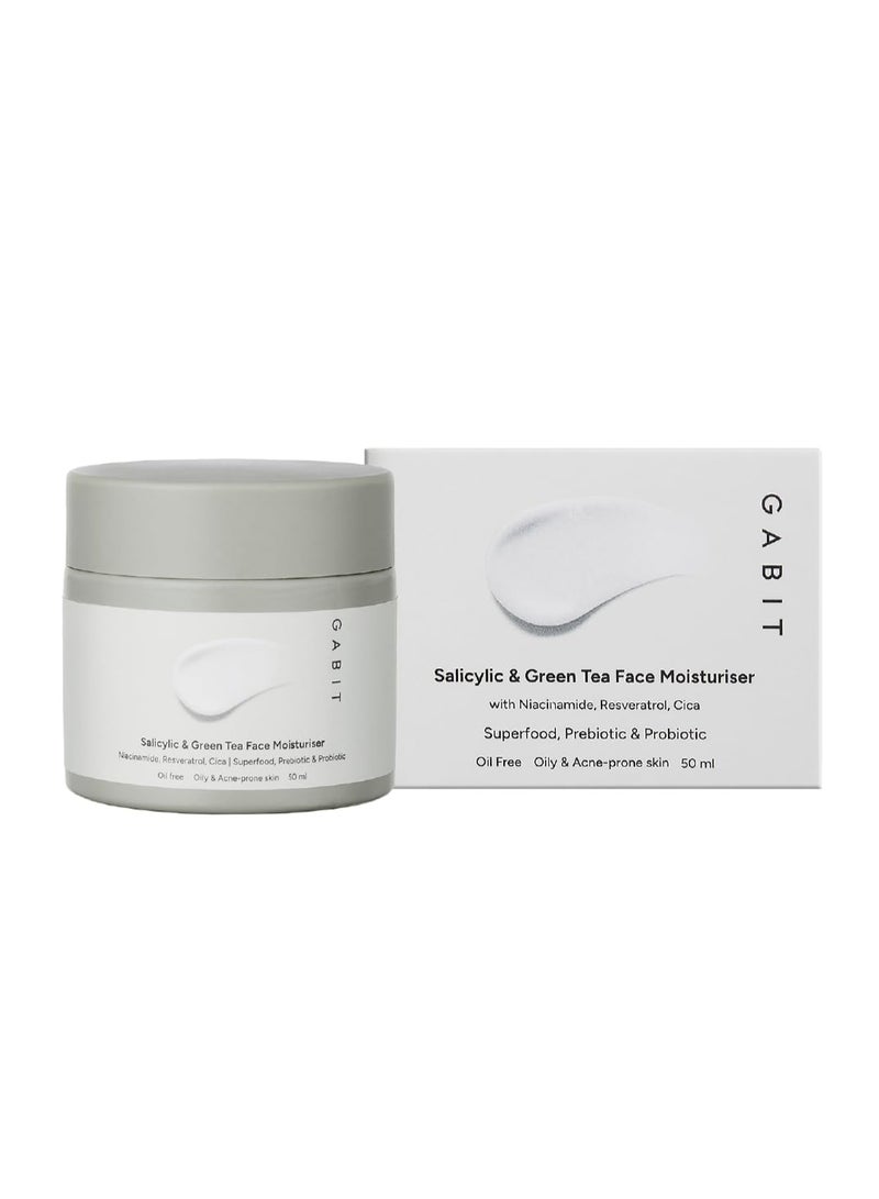 GABIT Salicylic Acid & Green Tea Face Moisturiser For Acne, Blackheads & Open Pores | Oil free, Lightweight Moisturizer, Exfoliates, Brightens skin |Ceramides, Niacinamide, CiCa |For Women & Men, 50ml - Image 1
