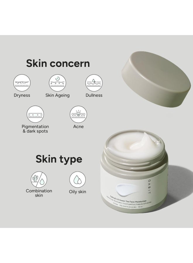 GABIT Salicylic Acid & Green Tea Face Moisturiser For Acne, Blackheads & Open Pores | Oil free, Lightweight Moisturizer, Exfoliates, Brightens skin |Ceramides, Niacinamide, CiCa |For Women & Men, 50ml - Image 2