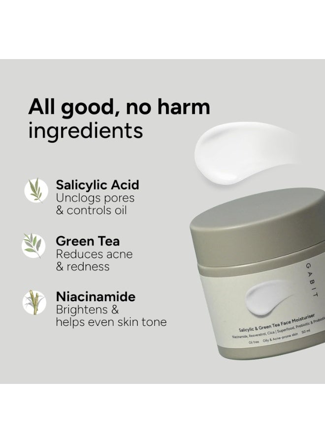 GABIT Salicylic Acid & Green Tea Face Moisturiser For Acne, Blackheads & Open Pores | Oil free, Lightweight Moisturizer, Exfoliates, Brightens skin |Ceramides, Niacinamide, CiCa |For Women & Men, 50ml - Image 3