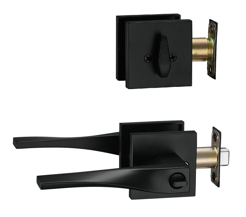 Berlin Modisch Sleek Series Entry Lever Door Handle Set And Single Cylinder Deadbolt Locking Lever Handleset [Front Door Or Office] Reversible Heavy Duty - Iron Black Finish - Image 2