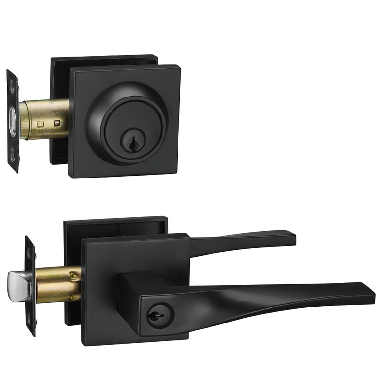 Berlin Modisch Sleek Series Entry Lever Door Handle Set And Single Cylinder Deadbolt Locking Lever Handleset [Front Door Or Office] Reversible Heavy Duty - Iron Black Finish - Image 1