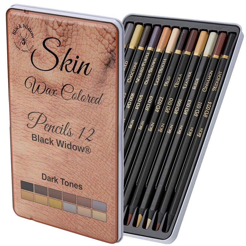 Black Widow Skin Tone Colored Pencils for Adult Coloring Books – 12 Soft Core Color Pencils for Portraits and Skintone Artists – Complete Range with Lightfast Ratings - Image 1