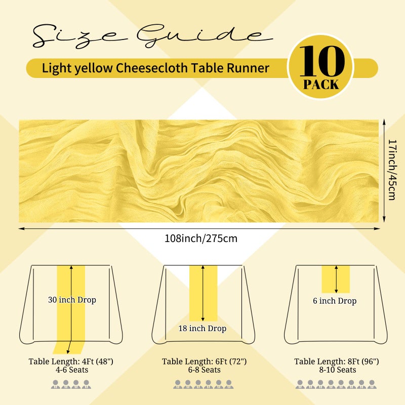 Beautane 10 Pack Light Yellow Cheesecloth Table Runner 17x108 Inch Semi Sheer Boho Gauze Cheese Cloth Table Runners, for Wedding Bridal Shower Birthday Party Home Decor Garden Farmhouse - Image 2