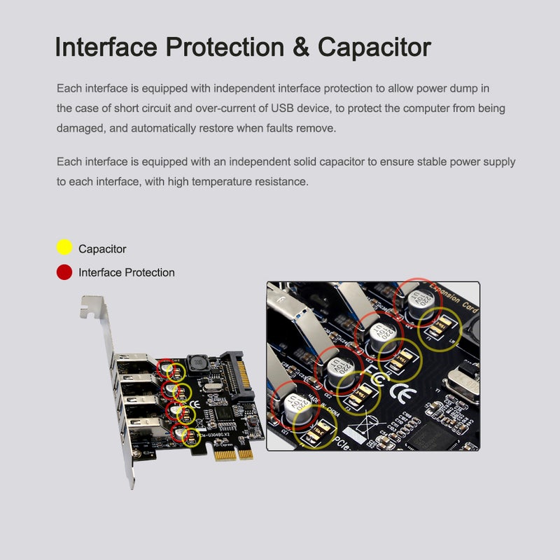 Pci-E To Usb 3.0 Expansion Card Black: 4 Usb 3.0 Ports 5Gbps Fast Transfer - Low Heat Stable Operation With Interface Protection & Solid Capacitor, 2U Low-Profile Bracket For Small Htpc Cases - Image 3