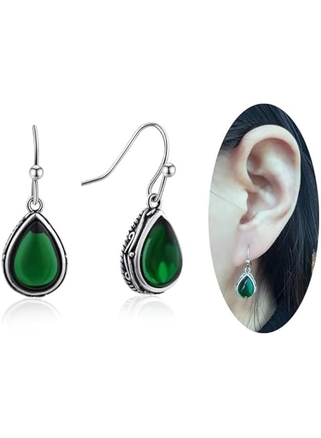 Emerald Green Dangle Drop Earrings Silver Teardrop Vintage Earrings Crystal Hanging Earrings Birthstone Earrings for Women Girls - Image 1