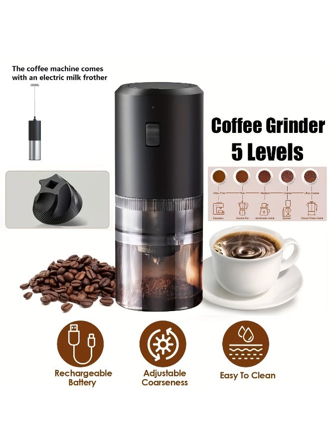 Portable Coffee Grinder - USB Rechargeable, Adjustable Grind Settings, Powerful Motor, Quiet Operation, Compact Design, Easy to Clean With Electric Milk Frother  - Image 1