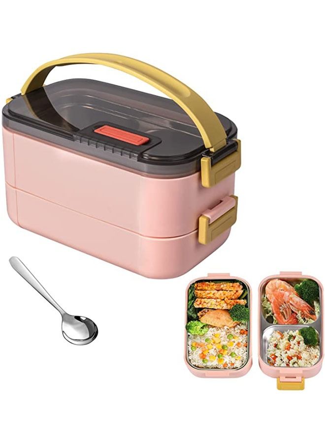 Arabest Bento Lunch Box for Adults & Kids, Reusable Stainless Steel Handheld Portable 2 Layers Meal Box, 1200ml Leakproof Food Storage Containers, Microwave Dishwasher Safe Lunch Box with Spoon - Pink - Image 1