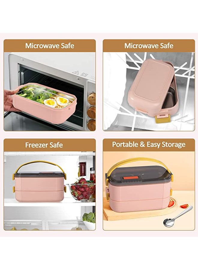 Arabest Bento Lunch Box for Adults & Kids, Reusable Stainless Steel Handheld Portable 2 Layers Meal Box, 1200ml Leakproof Food Storage Containers, Microwave Dishwasher Safe Lunch Box with Spoon - Pink - Image 3