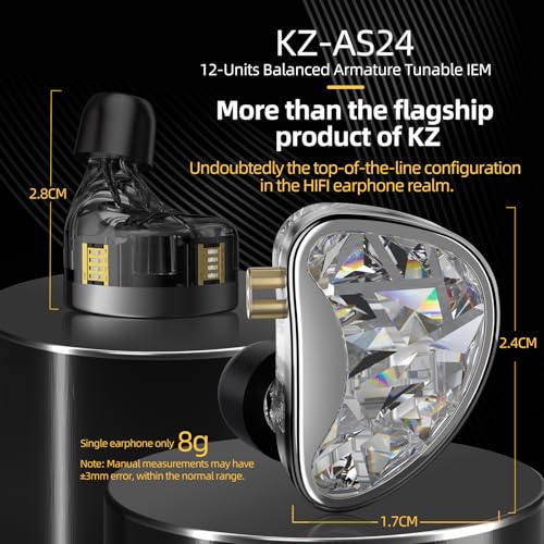 KZ سماعات KZ AS24 داخل الأذن مع 24 سائق أداء عالي سماعات أذن مع 8 مفاتيح ضبط، عزل الضوضاء سماعات سلكية للموسيقيين (نسخة الضبط، أسود، بدون ميكروفون) - Image 2