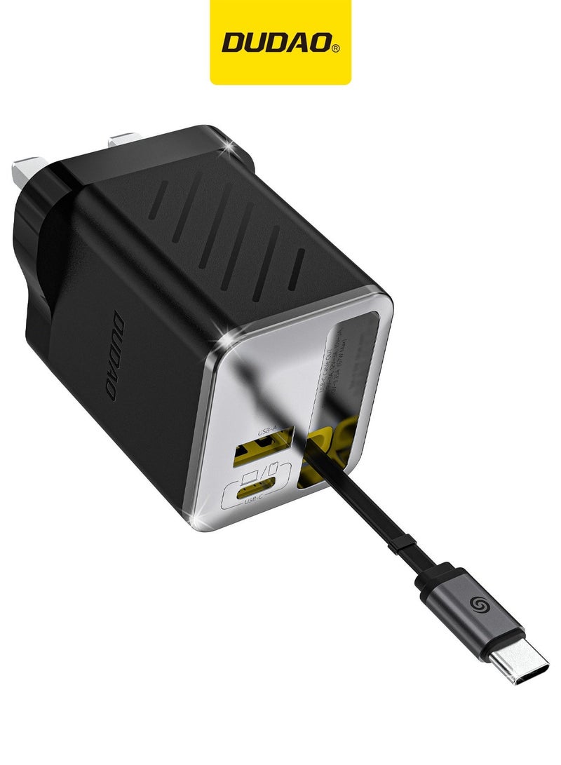 DUDAO 67W 3-in-1 Retractable Wall Charger, Super Fast Charger Block with Built-in Type-C Cable & Dual USB Ports (USB-C + USB-A) for iPhone 17 Pro Max, MacBook Air, iPad Pro, Galaxy S25, Laptops – Portable Travel & Outdoor Charger - Image 2