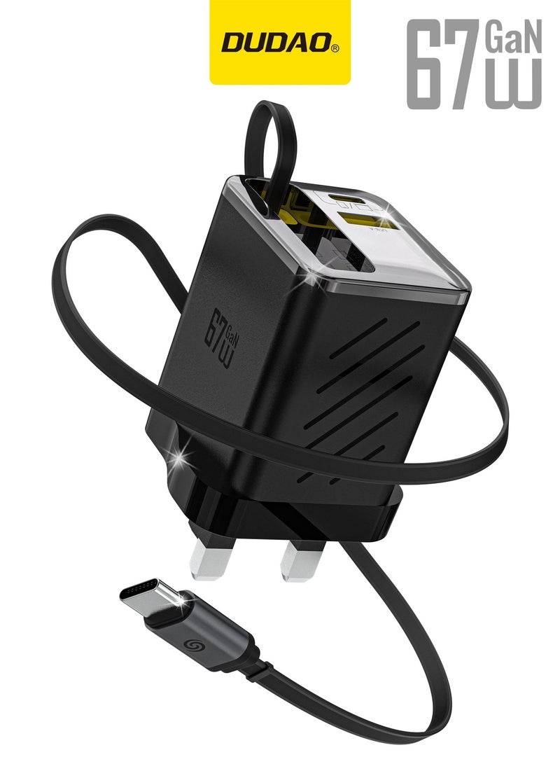 DUDAO 67W 3-in-1 Retractable Wall Charger, Super Fast Charger Block with Built-in Type-C Cable & Dual USB Ports (USB-C + USB-A) for iPhone 17 Pro Max, MacBook Air, iPad Pro, Galaxy S25, Laptops – Portable Travel & Outdoor Charger - Image 1