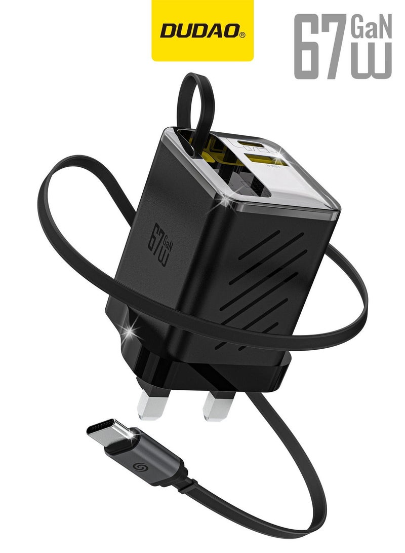 DUDAO 67W 3-in-1 Retractable Wall Charger, Super Fast Charger Block with Built-in Type-C Cable & Dual USB Ports (USB-C + USB-A) for iPhone 17 Pro Max, MacBook Air, iPad Pro, Galaxy S25, Laptops – Portable Travel & Outdoor Charger - Image 1
