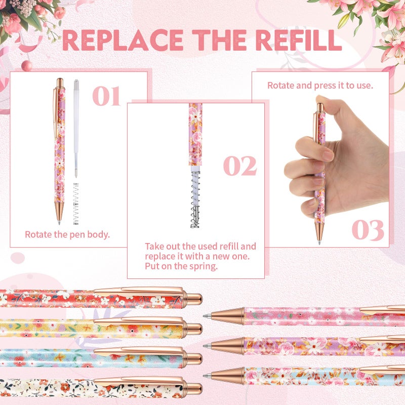 Sherr 7 Pcs Fancy Pens for Women Cute Sparkly Glitter Pens with 10 Pcs Black Ink Refills Pretty Gifts for Girls Office School Christmas Graduation(Floral) - Image 3