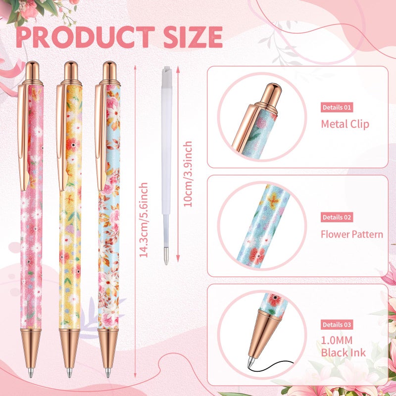 Sherr 7 Pcs Fancy Pens for Women Cute Sparkly Glitter Pens with 10 Pcs Black Ink Refills Pretty Gifts for Girls Office School Christmas Graduation(Floral) - Image 2