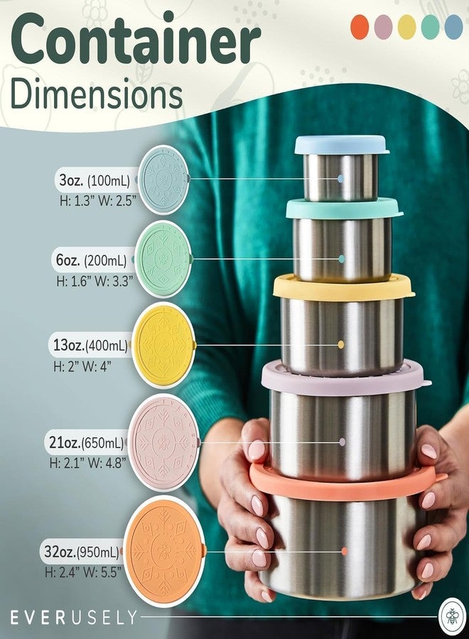 Everusely - Stainless Steel Containers with Lids - Set of 5, Bright Collection - Leakproof Stainless Steel Food Containers - Nesting Snack Holders - Metal Lunch Box - Portable & Reusable Meal Kit - Image 2