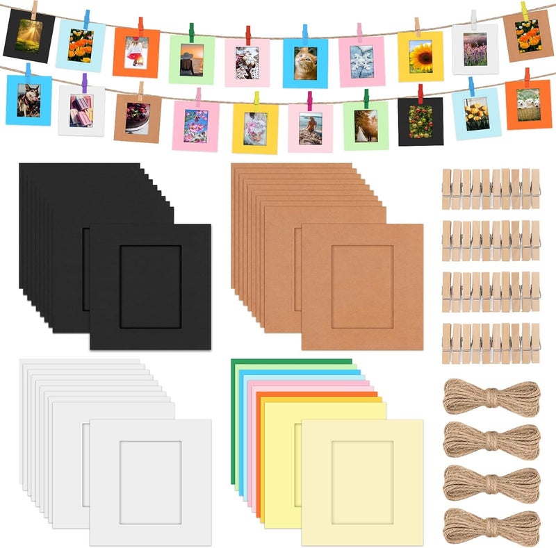 Mardatt 40 Set 3" Paper Picture Frames, Includes Colorful Cardboard Photo Frames with Wooden Clips, Strings for Home Decor - Image 1
