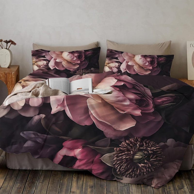 3 Piece Bedding Sets Full Size - Retro Flowers Bed Set Dark Pink Rose Printed Reversible Design,Soft Microfiber Comforter Duvet Cover Set with Pillow Shams 80 x 90in - Image 2