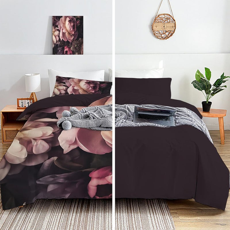 3 Piece Bedding Sets Full Size - Retro Flowers Bed Set Dark Pink Rose Printed Reversible Design,Soft Microfiber Comforter Duvet Cover Set with Pillow Shams 80 x 90in - Image 4
