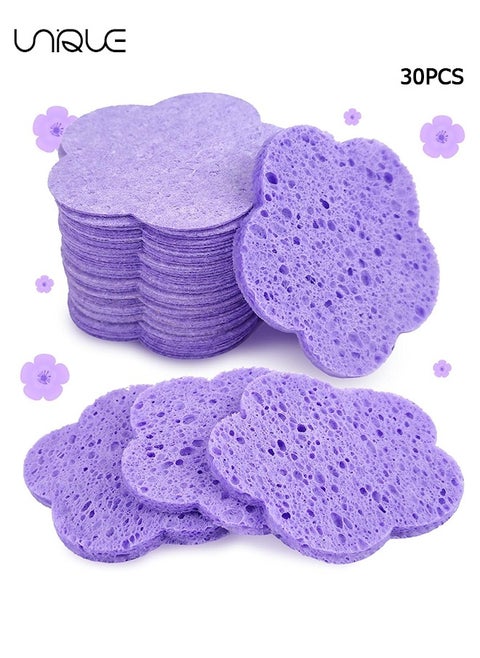 30-Count Facial Sponges Compressed Facial Sponges Natural Facial Cleansing Sponges Pads Cute Flower Shape Exfoliating Sponges for Cleansing Reusable,Best Makeup Gift, Purple