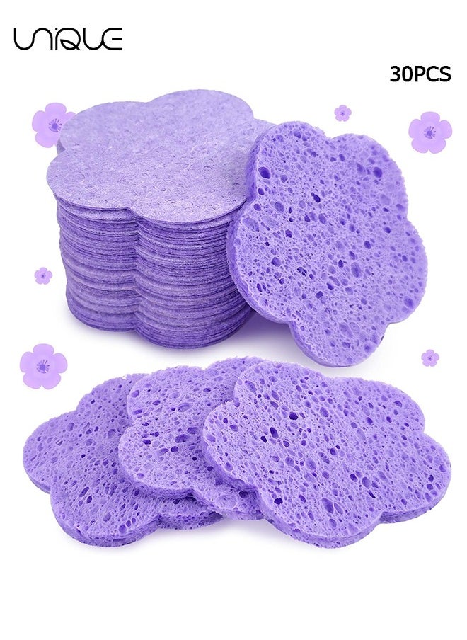 30-Count Facial Sponges Compressed Facial Sponges Natural Facial Cleansing Sponges Pads Cute Flower Shape Exfoliating Sponges for Cleansing Reusable,Best Makeup Gift, Purple