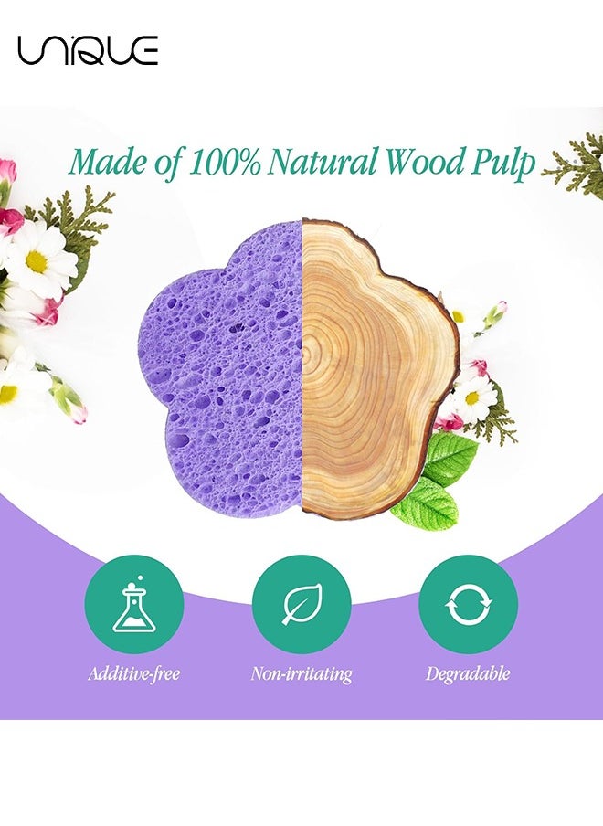 30-Count Facial Sponges Compressed Facial Sponges Natural Facial Cleansing Sponges Pads Cute Flower Shape Exfoliating Sponges for Cleansing Reusable,Best Makeup Gift, Purple