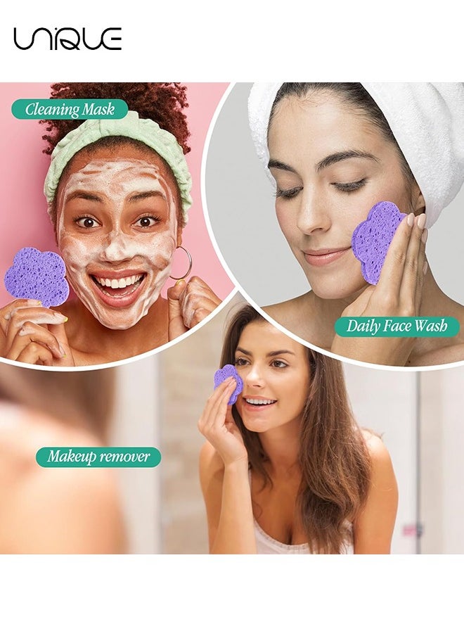 30-Count Facial Sponges Compressed Facial Sponges Natural Facial Cleansing Sponges Pads Cute Flower Shape Exfoliating Sponges for Cleansing Reusable,Best Makeup Gift, Purple