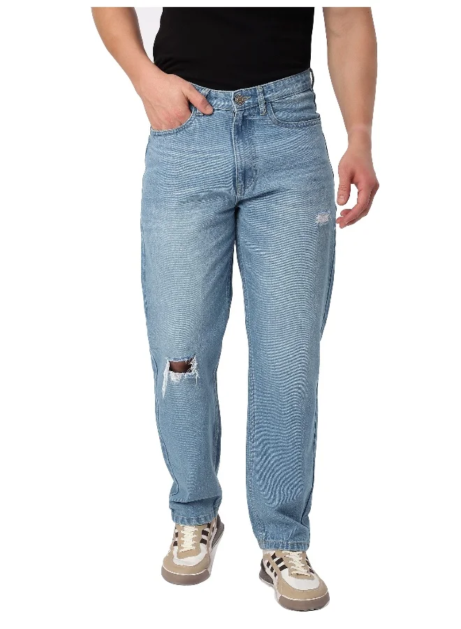 Beyoung Light Blue Distressed Baggy Fit Jeans for Mens