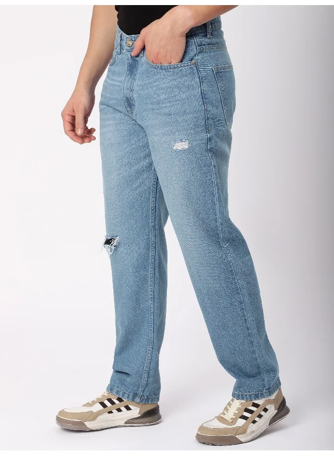Beyoung Light Blue Distressed Baggy Fit Jeans for Mens