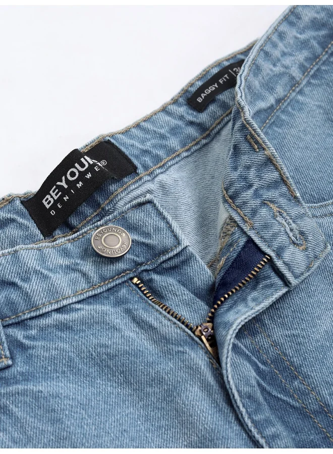Beyoung Light Blue Distressed Baggy Fit Jeans for Mens