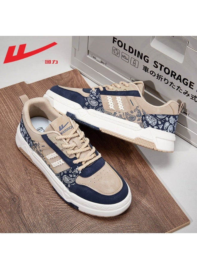 Warrior Men's Paisley Print Casual Sneakers, Navy & Beige Color Blocking - Retro Fashion Sneakers for Street Style