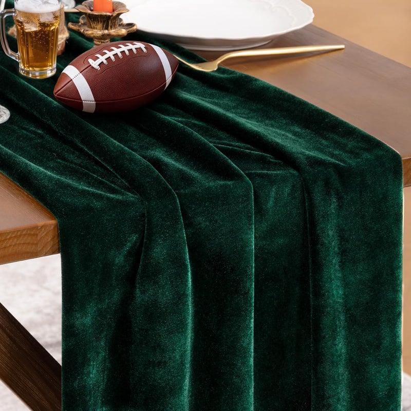 Socomi Green Velvet Valentine's Day Table Runner Cloth Decor 20 x 120 Inches 10ft Fabric Emerald Green Luxurious Thanksgiving Wedding Runner for New Year Bridal Shower - Image 1