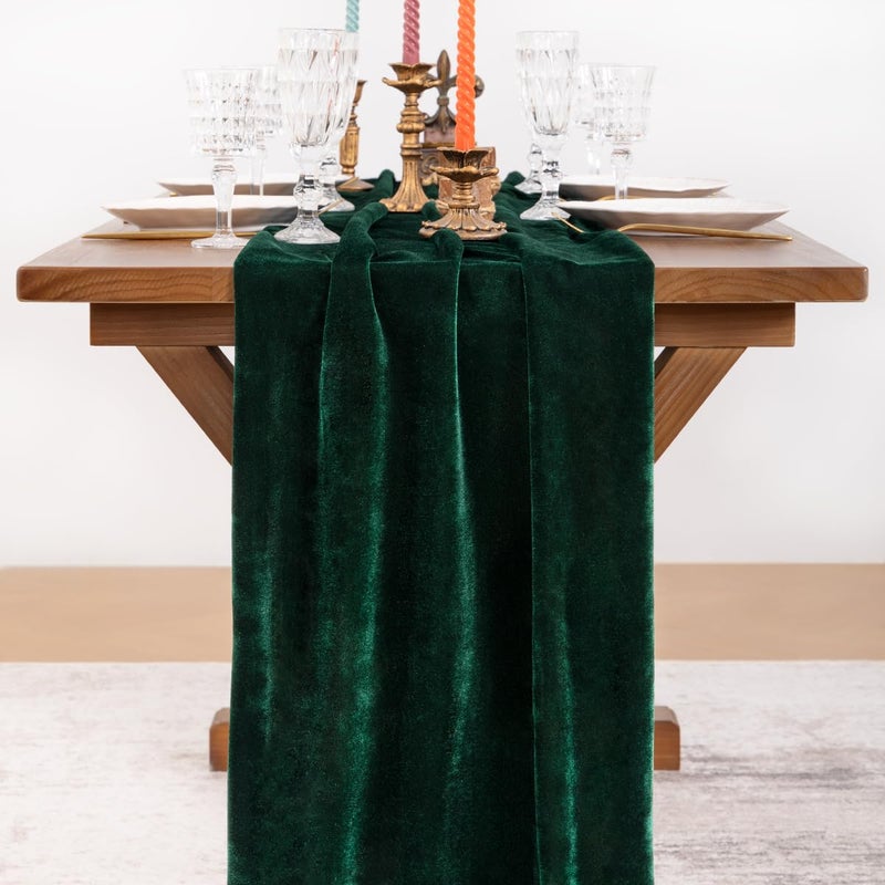 Socomi Green Velvet Valentine's Day Table Runner Cloth Decor 20 x 120 Inches 10ft Fabric Emerald Green Luxurious Thanksgiving Wedding Runner for New Year Bridal Shower - Image 2